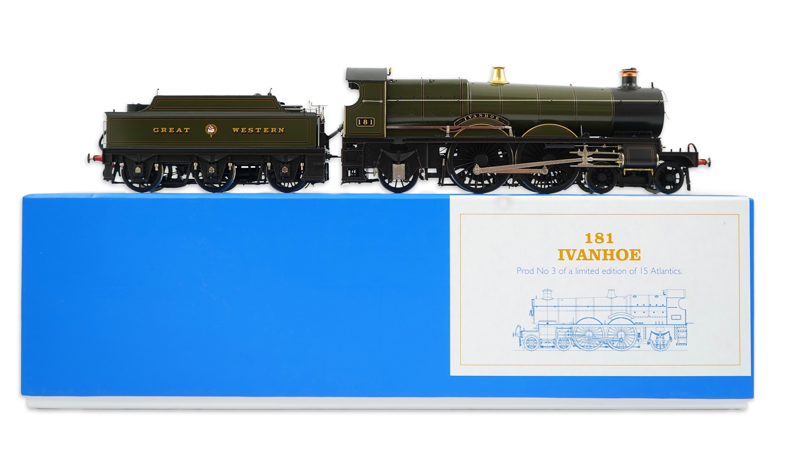 An 0 gauge Masterpiece Models model of GWR Saint Class, Ivanhoe 181, 4-4-2 Atlantic tender locomotive, powered for two rail operation, with original box, accessories, instruction booklet and other paperwork.
